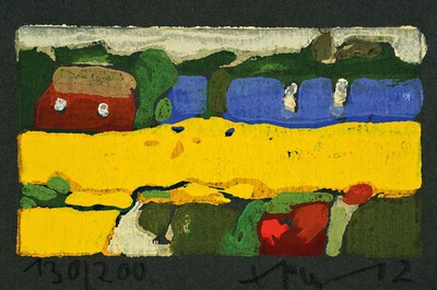 Klaus Fussmann, geb. 1938 Velbert, Raps bei Ekenisfeld, Farblinolschnitt, handsign., num. 130/200, ca. 14x15 cm