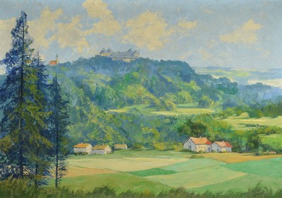 Hans Münnich, 1892-1970 Chemnitz, Blick auf die Augustusburg bei Altenhain in Sachsen, Öl/Lwd, rechts unten signiert, ca. 70 x 100cm, R. ca. ...