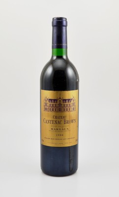 1 Flasche 1990 Chateau Cantenac Brown, Margaux, Grand Cru Classe, ca. 75 cl, 13 % Vol., Füllstand: ca. into neck, Etikett l. beschmutzt, ...