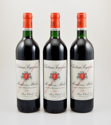 3 Flaschen 1998 Chateau Poujeaux, Moulis-en-Medoc, je ca. 75 cl, 12,5 % Vol., Füllstände: je ca. top shoulder, Etiketten teilweise l. beschmutzt, ...