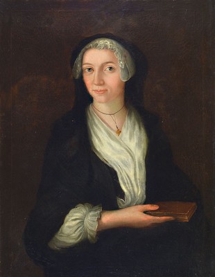 Unbekannter Künstler, deutsch, um 1780-90, Porträt einer jungen Frau mit Buch, Öl/Lwd, altersbedingt stark krakeliert, doubliert, rest., ca. ...