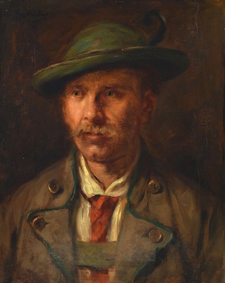 Emma von Müller, 1859-1925, Porträt eines Jägers, Öl/Malkarton, links oben signiert E.v.Müller, gewölbt, mit Farbaufwerfungen, Restaurierung ...
