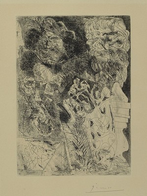 Pablo Picasso, 1881-1973, Rembrandt a la palette, Radierung, Blatt 34 der Suite Vollard von 1934, Büttenpapier mit Prägedruck Picasso mittig unten, ...