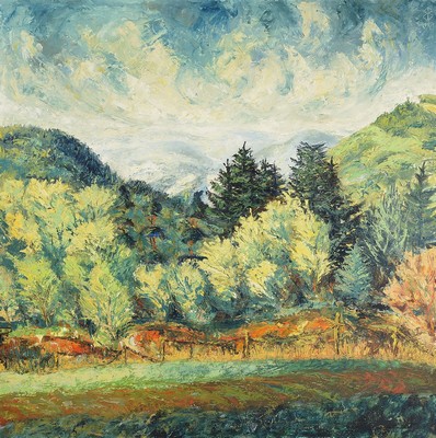 E. Backes, badischer Maler, datiert 1951, baumbestandene Mittelgebirgslandschaft, Öl/Hartfaser, pastoser Farbauftrag teils in Spachteltechnik, ...