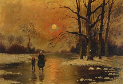 Bertold, wohl Pseudonym des Johann Jungblut, 1860 Saarburg-1912 Düsseldorf, Mutter mit Kind am verschneiten Waldrand, Abendrot, Öl/ Lwd/Holz, ...