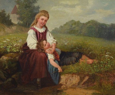 Wilhelm Hermann Pistor, geb. 1832 Neustrelitz, Brüderchen und Schwesterchen, rückseitig auf dem Keilrahmen so betitelt, Öl/Lwd, rechts unten ...
