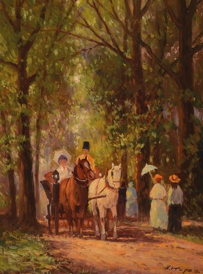 Helmut Kips, geb. 1937 Krefeld, Kutsche und Spaziergänger im Wald, Öl/Holz, rechts unten signiert, ca. 40x30cm, R. ca. 57x47cm, mit Zertifikat ...