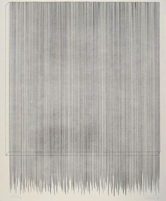Günther Uecker, geb. 1930, Offset, senkrechte Linien, bez. Probe, handsigniert dat. 71, Blattmaß: 60 x 50 cm, l. Gebr.-spuren