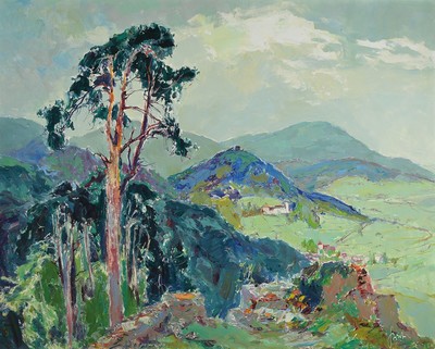 Karl Graf, 1902 - 1986 Speyer, Pfälzer Waldlandschaft mit Blick auf den Slevogt-Hof, re. u. signiert, Öl/Platte, ca. 66 x 83 cm/ 71 x 88 cm, Rahmen