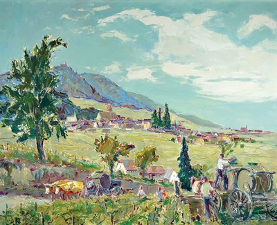 Karl Graf, 1902 - 1986 Speyer, Weinlese bei Gleisweiler, Öl/Lwd, re. u. signiert, rückseitig bezeichnet und dat. 75 cm, 80 x 100 cm, Rahmen