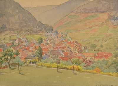 August Croissant, 1870 Landau-1941 Edenkoben, Blick auf Albersweiler, Aquarell auf Papier, rechts unten signiert und datiert 35, ca. 23x32cm, PP, ...