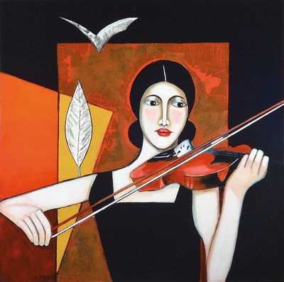 Silvia Sartelet, geb. 1947 Berlin, Frauendarstellung mit Violine, Acryl/Lwd, li. u. sign., ca. 90x90 cm