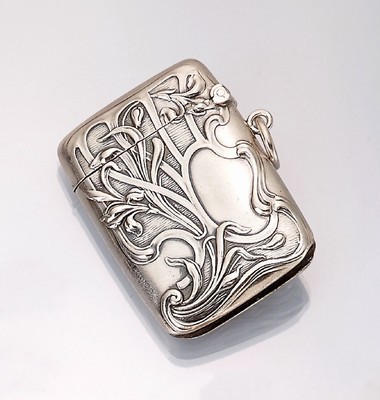 Streichholzetui, Lutz & Weiß, Pforzheim, 800erSilber, um 1900, beids. eleganter floraler Dekor mit Schlingpflanzen und Lilien, Kartuschen für ...