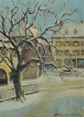 Helmut Wanschap, 1911 Berlin-1987 Kusel, Winter am Marktplatz in Kusel mit dem Hutmacherbrunnen, Öl/Malkarton, rechts unten signiert und datiert ...