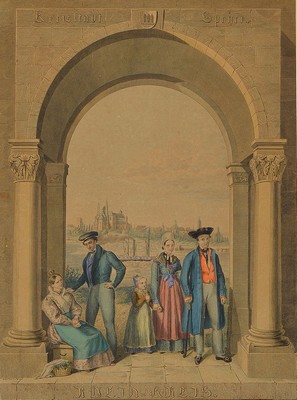 J.P. Walther, datiert 1834, kolorierter Kupferstich bezeichnet Breda-Friede, dargestellt eine Pfälzer Familie im Schmuckbogen, im Hintergrund die ...