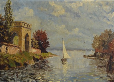 Ludwig von Andok, 1890-1981, Seeuferlandschaft mit Ruine und Segelboot, Öl/Lwd, rückseitig bezeichnet: Bei Rio de Janeiro, links unten signiert, ...
