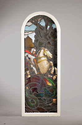 Großes Bleiglasfenster, deutsch, um 1900, bemalte Scheiben mit dem Heiligen Georg dem Drachentöter, in Holzrahmen gefaßt, leichte Altersspuren, ...