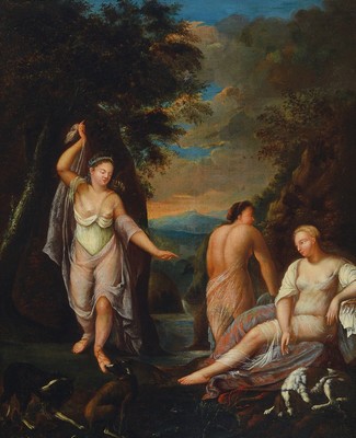 Unbekannter Kopist um 1830 nach Vorbild des Nicolaes Hooft (1667-1748 Den Haag), Diana mit Nymphen in Waldlandschaft, Öl/Lwd, doubliert, ca. 71x58.5 ...