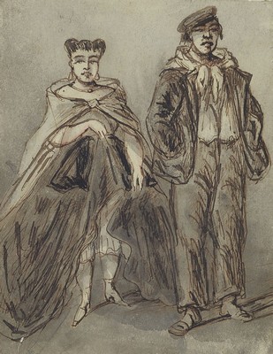 Zuschreibung: Constantin Guys, 1802-1892, Lorette et l'apache, aquarellierte Tuschfederzeichnung, am unteren Rand minimal eingerissen, im ...