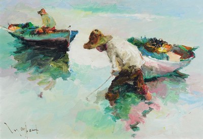 Unbekannter Künstler des 20. Jh., Fischer im flachen Wasser, Öl/Lwd, links unten unleserlich signiert, ca. 38x54cm, R. ca. 56x77cm