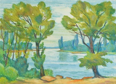 Georg Vorhauer, 1903 Paris-1981 Neustadt, Altrheinlandschaft, Mischtechnik (Pastell und Wachs), links unten signiert, ca. 47x64cm, PP, u.Gl., R. ca. ...