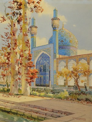 Yervand Nahapetian, 1916-2006, Blick auf die Freitagsmoschee (auch Jame- Moschee) von Isfahan, Aquarell auf Papier, rechts unten signiert: Y. ...