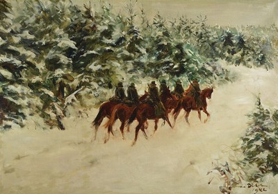 Otto Dill, 1884 Neustadt - 1957 Bad Dürkheim, Patrouillenreiter im Winterwald, Öl/Lwd, re. u. signiert, leicht rest., gekonnte Darstellung des ...