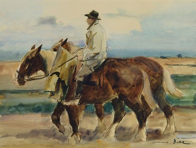 Otto Dill, 1884 Neustadt - 1957 Bad Dürkheim, Bauer mit zwei Kaltblütern, Aquarell/Papier,re. u. handsigniert, um 1930, ca. 32.5 x 42.5 cm, Rahmen ...