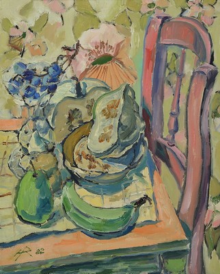 Heinz Reiss, geb. 1923 Haßloch, Stillleben mit Früchten und Blumen, Öl/Lwd, links unten monogrammiert und datiert 82, ca. 50x40cm, R. ca. 63x53cm
