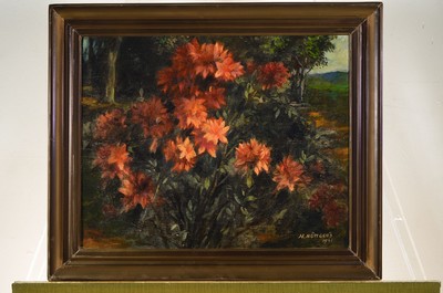 Heinrich Nüttgens, 1866 Aachen-1951 Düsseldorf, blühender Busch im Garten, Öl/Holz, rechts unten signiert, datiert 1941, ca. 40x50cm, R. ca. ...