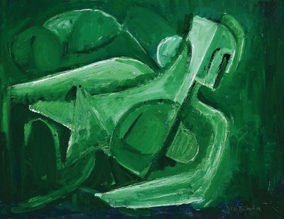 Otto Ditscher, 1903 Neuhofen-1987, Figurativ Komposition in Grün, Öl/Malkarton, signiert und datiert 85, rückseitig betitelt, ca. 50x65cm, R. ca. ...