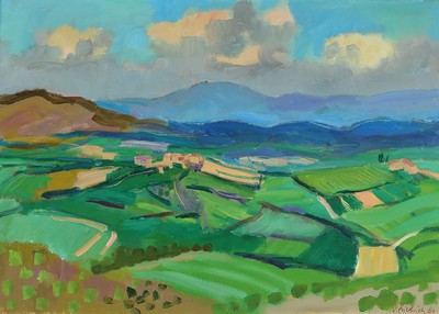 Heinz Friedrich, 1924 Schwetzingen-2018, südpfälzer Landschaft, Birkweiler, Öl/Lwd, klare flächige Farbigkeit, rechts unten sign. und datiert ...