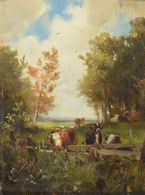 Ludwig Sellmayer, 1834-1901 München, Studium an der Akademie München, spezialisiert auf Landschafts- und Tiermalerei, hier: Kühe am Gatter, ...