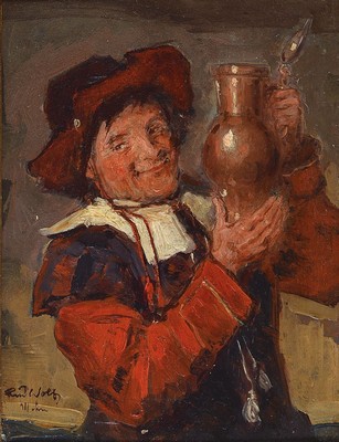 Rudolf Wolf, 1877 Leipzig-1940 München, "Ein frischer Trunk", rückseitig so betitelt, Öl/Holz, links unten signiert und bez. Mchn, ca. ...