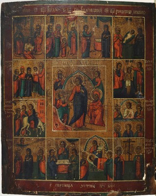 Ikone, Russland, Mitte 19. Jh., Festtagsikone, 13-Felder zum Leben Jesu, Eitempera/Holz, Fehlstellen bzw. beschädigt, ca. 35 x 28.5 cm