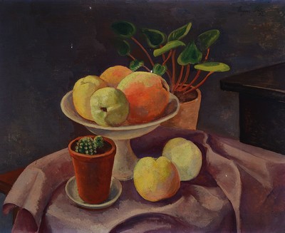Eugen Stoll, 1895-1978 Ludwigshafen, Studium an der Akademie Karlsruhe, Meisterschüler bei Albert Haueisen, hier: Stillleben mit Veilchen, Äpfel ...