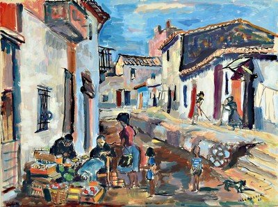 Armand Ingenbleek, 1896-1971, Dorfszene mit Personenstaffage, Gouachemalerei auf Papier, rechts unten signiert und datiert (19)65, Passepartout, ...
