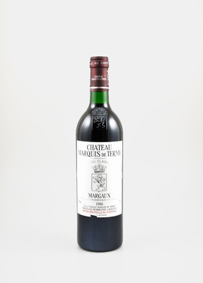 1 Flasche 1986 Chateau Marquis de Terme, Margaux, Grand Cru Classe, ca. 75 cl, 12 % Vol., Füllstand: ca. into neck, Etikett l. besch., unverkostet, ...