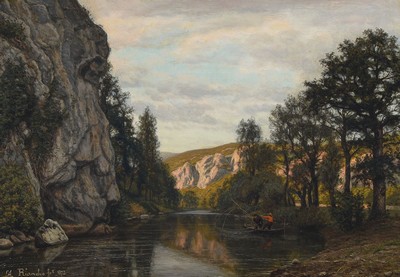 Agustin Riancho y Mora, 1841-1929, SpanischeSchule, Öl/Holz, Angler an felsiger Seelandschaft, gekonnte Wasserspiegelung, hervorragende Darstellung ...