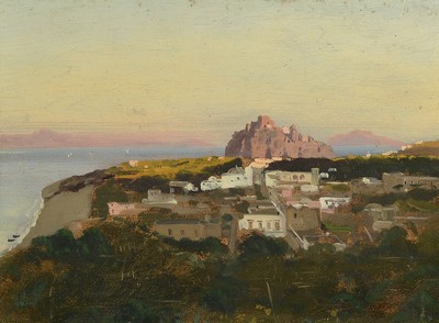 Carl Wuttke, 1849 Tebnitz - 1927 München, Blick auf Lagune d'Ischia, Öl/Holz, verso bezeichnet und signiert, 26 x 34 cm, Rahmen, leichte ...
