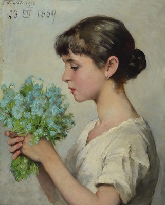 Carl Breitbach, 1833 - 1904,, Mädchen mit Vergißmeinicht, feine Malerei, sehr feine Darstellung der Hauttöne, re. u. signiert und 23.VII 1889, ca. ...