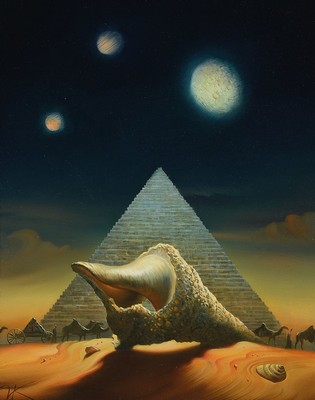 Vladimir Kush, Muschel und Pyramide, surrealistische Darstellung, Acryl/Platte, signiert, ca. 34.5 x 27 cm, Rahmen