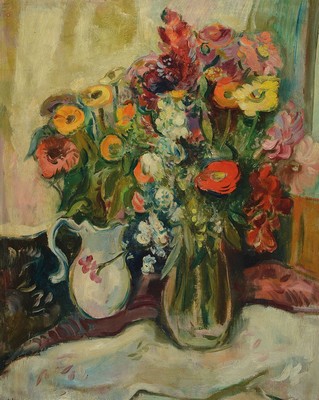 Erich Schug, 1906 Ludwigshafen-1982 Bad Dürkheim, Stillleben mit Sommerblumen, Öl/Hartfaser, links unten signiert, ca. 80x65cm, R. ca. 86x71cm
