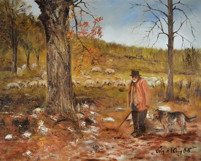 Eduard Klug, geb. 1924 Deidesheim, Schäfer mit Hund und seiner Herde, Öl/Lwd, rechts unten signiert: Orig. E. Klug, ca. 80x100cm, R. ca. 88x108cm