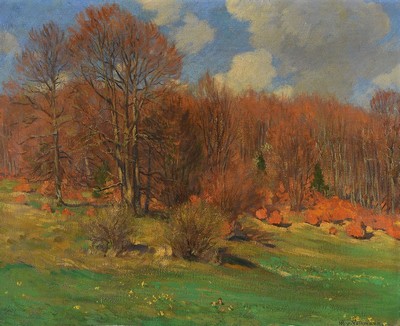 Hans Richard von Volkmann, 1860-1927 Halle, "Rauschender Buchenwald", rückseitig auf Etikett der Kunsthandlung Schaller Stuttgart so ...
