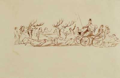 Wilhelm Kohlhoff, 1893 Berlin-1971 Schweinfurth, braune Tuschfederzeichnung, Rentierschlitten und Personen, rechts unten signiert, ca. 10x28cm, PP ...