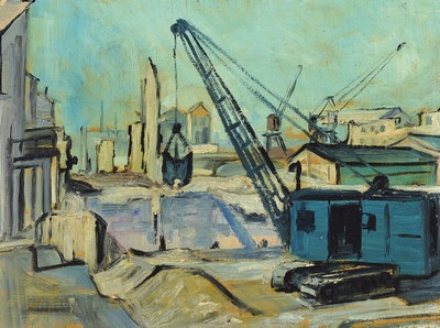 Karl Unverzagt, 1915-2007 Grünstadt, Ansicht einer Großbaustelle, wohl in Ludwigshafen, Öl auf Sperrholz, unsigniert, ca. 37x49.5cm, R. ca. ...