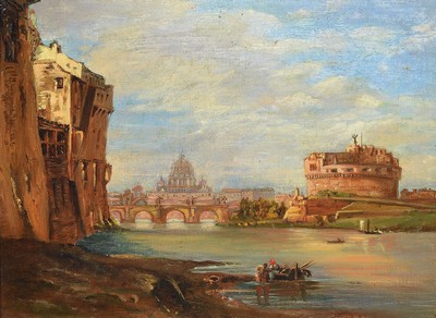 Unbekannter Künstler, deutsch, 2. Hälfte 19. Jh., Blick auf Engelsburg und Petersdom, Öl/Lwd, ca. 28x38cm, R. ca. 41x51cm