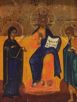 Kleine Ikone, Russland, 2. Hälfte 19. Jh., Kleine Deesis, Tempera auf Holz, leichte Oberflächenschäden, ca. 11x8.5cm, R.