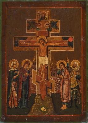 Ikone, Russland, 2. Hälfte 19. Jh., Kreuzigung, Tempera auf Holz, krakeliert, leichte Oberflächenschäden, ca. 34x24cm